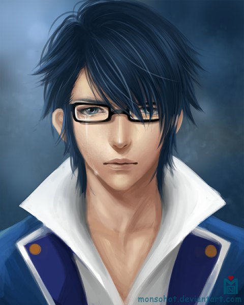 Anime picture 945x1181 with k-project gohands (studio) fushimi saruhiko monsohot single tall image looking at viewer short hair blue eyes simple background blue hair inscription tears portrait crying boy glasses