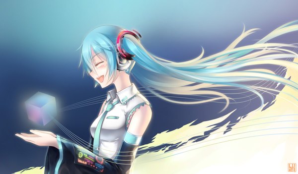 Anime picture 1500x879 with vocaloid hatsune miku luzi (coffee-straw-luzi) long hair blush open mouth wide image twintails bare shoulders aqua hair girl detached sleeves necktie