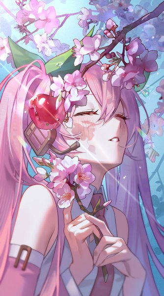 Anime picture 2693x4835 with vocaloid hatsune miku sakura miku jyuma single long hair tall image fringe highres hair between eyes twintails holding pink hair upper body eyes closed parted lips cherry blossoms girl flower (flowers) detached sleeves
