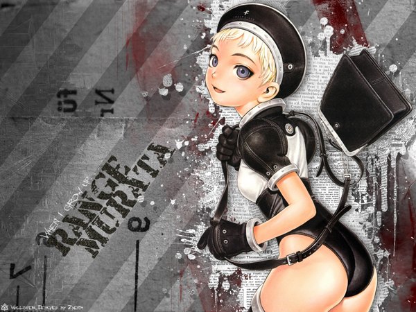 Anime picture 1600x1200 with range murata single short hair open mouth light erotic blonde hair ass grey background grey eyes wallpaper puffy sleeves girl gloves hat black gloves bag