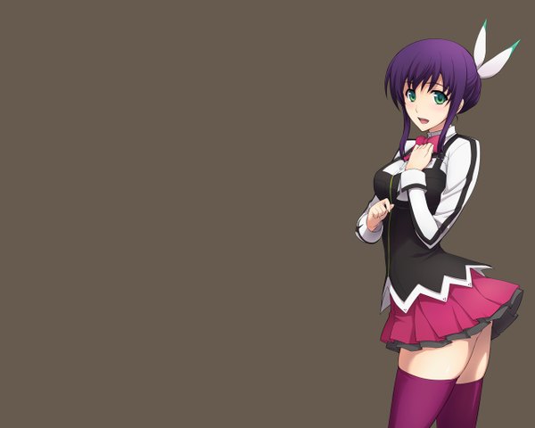 Anime picture 1280x1024 with aquarion (series) aquarion evol satelight mikono suzushiro single long hair blush open mouth simple background green eyes purple hair girl thighhighs skirt bowtie