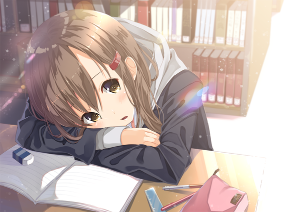 Anime picture 1128x799 with original kukiha single blush fringe short hair hair between eyes brown hair brown eyes upper body parted lips from above sunlight shadow girl hairclip book (books) hood table shelf
