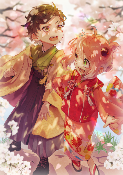 Anime picture 2894x4093 with spy x family anya (spy x family) damian desmond kawaharaaisu tall image highres short hair open mouth brown hair brown eyes green eyes pink hair outdoors traditional clothes :d japanese clothes from above cherry blossoms spring arm grab