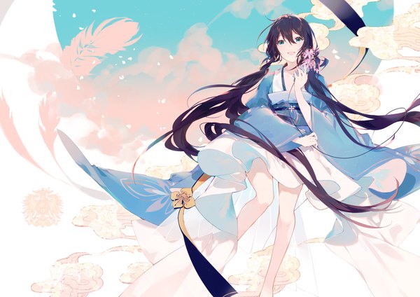 Anime picture 3507x2480 with utau xia yu yao miyuki (miyuki0529) single fringe highres black hair smile hair between eyes standing holding absurdres sky cloud (clouds) bent knee (knees) very long hair traditional clothes aqua eyes bare legs standing on one leg