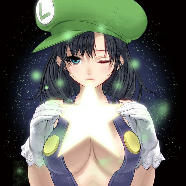 Anime picture 1000x1000 with super mario bros. luigi masao single long hair looking at viewer breasts blue eyes light erotic black hair large breasts holding one eye closed wink open clothes no bra mouth hold genderswap girl gloves