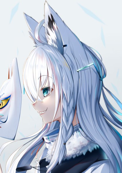 Anime picture 1722x2436 with virtual youtuber hololive shirakami fubuki rimamo single long hair tall image fringe highres simple background smile hair between eyes white background animal ears payot looking away upper body ahoge white hair braid (braids)