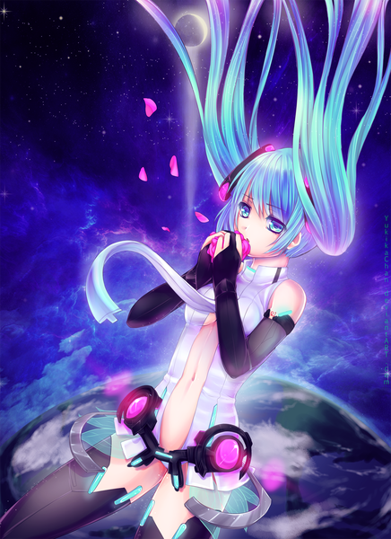 Anime picture 1200x1650 with vocaloid vocaloid append hatsune miku hatsune miku (append) yukikachan single tall image twintails bare shoulders very long hair aqua eyes girl thighhighs gloves navel black thighhighs petals necktie elbow gloves