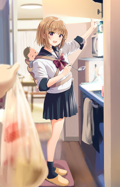 Anime picture 2508x3918 with original shiokazunoko tall image looking at viewer blush fringe highres short hair open mouth smile brown hair standing holding brown eyes full body indoors blunt bangs :d pleated skirt arm up
