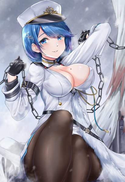 Anime picture 1405x2048 with azur lane chapayev (azur lane) rama (yu-light8) single tall image looking at viewer blush fringe short hair breasts blue eyes light erotic smile large breasts sitting holding payot blue hair cleavage bent knee (knees)