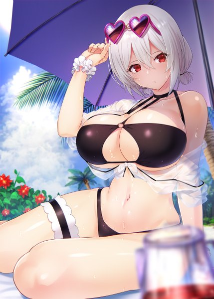 Anime picture 1787x2500 with azur lane sirius (azur lane) sirius (scorching-hot seirios) (azur lane) emanon123 single tall image looking at viewer fringe highres short hair breasts light erotic hair between eyes red eyes large breasts sitting payot sky cleavage cloud (clouds)