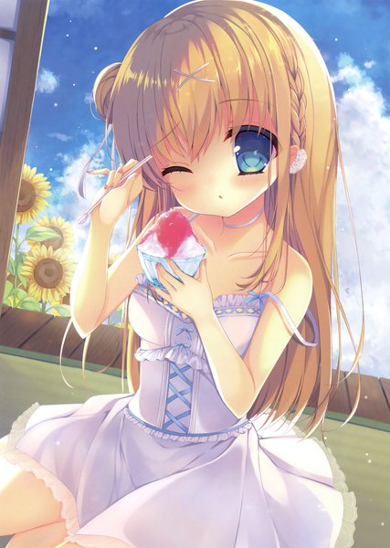 Anime picture 2494x3500 with original shiyu (sweet dream) single long hair tall image looking at viewer blush highres blue eyes blonde hair sky cloud (clouds) one eye closed scan loli hair bun (hair buns) strap slip summer girl dress