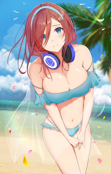 Anime picture 1307x2048 with go-toubun no hanayome nakano miku uiri-na single long hair tall image looking at viewer blush fringe breasts blue eyes light erotic smile hair between eyes brown hair large breasts standing bare shoulders sky cloud (clouds)