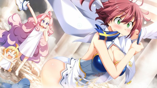 Anime picture 1024x576 with taiyou no promia nina autumn promia cachette kawahara makoto long hair short hair light erotic wide image purple eyes multiple girls green eyes pink hair game cg red hair chibi naked towel girl 3 girls towel