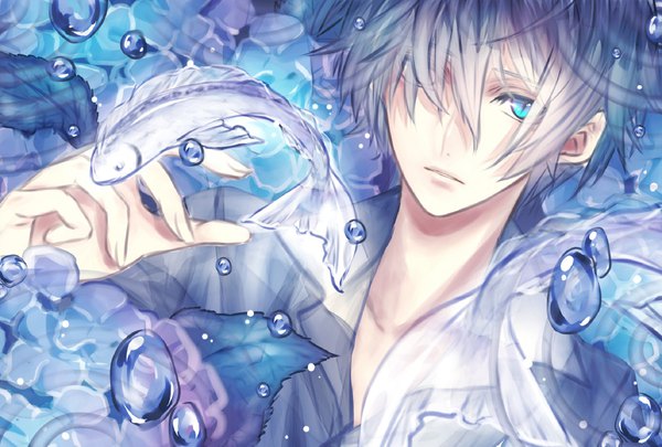 Anime picture 1920x1297 with original mashiki (artist) fringe highres short hair parted lips aqua eyes grey hair hair over one eye partially submerged boy flower (flowers) animal shirt water bubble (bubbles) fish (fishes) hydrangea