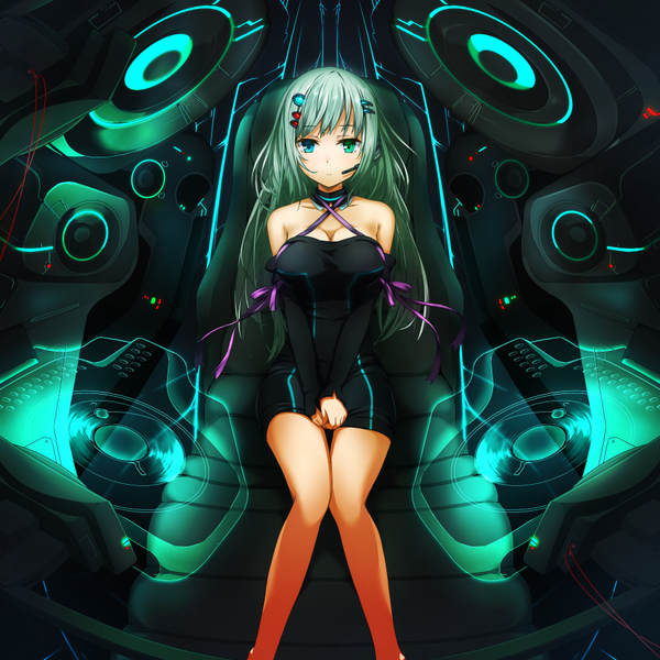 Anime picture 900x900 with original hellnyaa single long hair looking at viewer fringe breasts blue eyes sitting bare shoulders green eyes green hair heterochromia thigh gap expressionless hands clasped knees together feet apart girl dress hair ornament