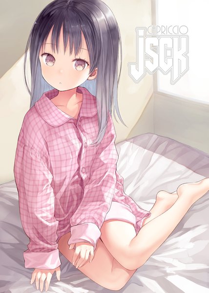 Anime picture 713x1000 with original capriccio single long hair tall image looking at viewer fringe black hair sitting brown eyes long sleeves barefoot watermark yokozuwari cute girl shirt pajamas