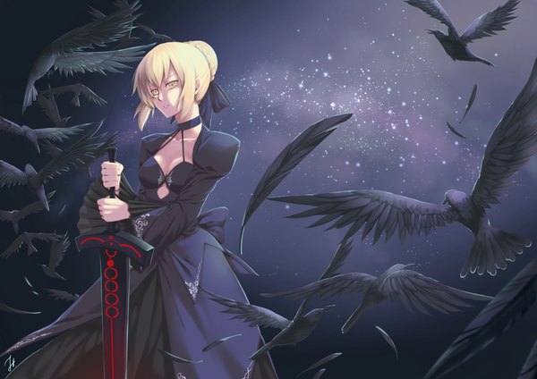 Anime picture 2000x1414 with fate (series) fate/stay night type-moon artoria pendragon (all) saber saber alter jh jh4598 jhsdrawing single looking at viewer highres short hair blonde hair yellow eyes dark background flock girl dress ribbon (ribbons)