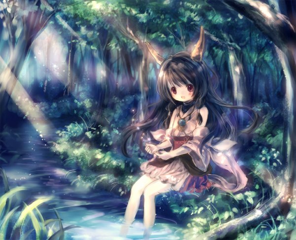 Anime picture 1024x831 with ryuujin naga onineko single long hair blush black hair pink hair japanese clothes horn (horns) river girl tree (trees) water kimono forest