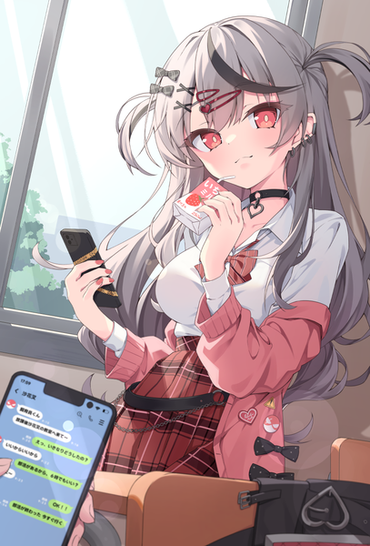 Anime picture 877x1294 with virtual youtuber hololive sakamata chloe quarterlift long hair tall image looking at viewer red eyes indoors head tilt multicolored hair grey hair off shoulder two side up streaked hair piercing ear piercing solo focus girl uniform