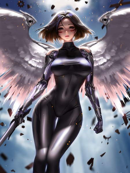 Anime picture 3000x4000 with battle angel alita gally liang xing single tall image looking at viewer fringe highres short hair breasts light erotic hair between eyes brown hair standing bare shoulders holding brown eyes sky realistic depth of field