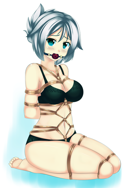 Anime picture 955x1350 with league of legends riven (league of legends) kin no tatchi (kanente) single tall image looking at viewer blush short hair blue eyes light erotic silver hair underwear only hands behind back bondage girl underwear panties lingerie bra rope