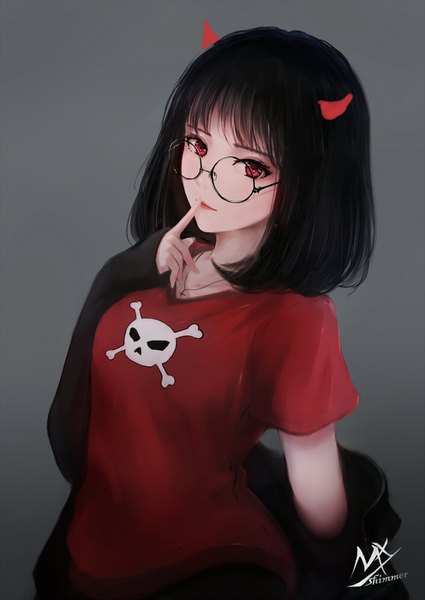 Anime picture 992x1402 with original shimmer single tall image looking at viewer fringe short hair black hair simple background red eyes signed upper body blunt bangs horn (horns) grey background dutch angle lipstick finger to mouth red lipstick skull and crossbones