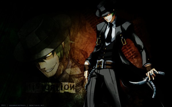 Anime picture 1280x800 with blazblue hazama single looking at viewer short hair smile wide image yellow eyes green hair wallpaper dark background hat over eyes boy weapon hat necktie chain pants suit knife