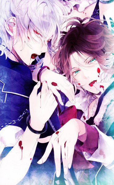 Anime picture 1935x3122 with diabolik lovers idea factory sakamaki subaru sakamaki raito tall image looking at viewer highres short hair open mouth red eyes green eyes purple hair white hair multiple boys teeth fang (fangs) sharp teeth vampire boy blood