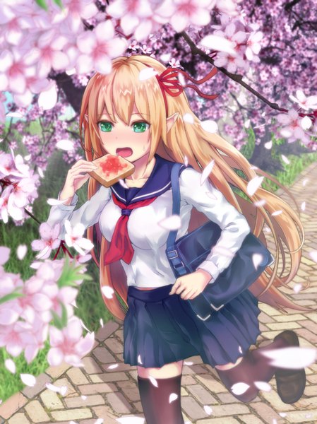 Anime picture 823x1100 with shadowverse arisa (shadowverse) tokoyon single long hair tall image blush fringe breasts open mouth blonde hair large breasts holding green eyes payot looking away outdoors long sleeves pleated skirt pointy ears