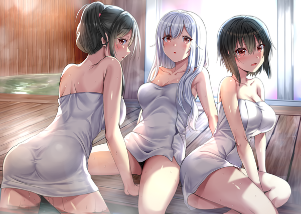 Anime picture 1406x1000 with original neeko neeko's sister neeko's mother arudehido long hair looking at viewer blush fringe short hair breasts open mouth light erotic black hair hair between eyes large breasts sitting bare shoulders multiple girls brown eyes