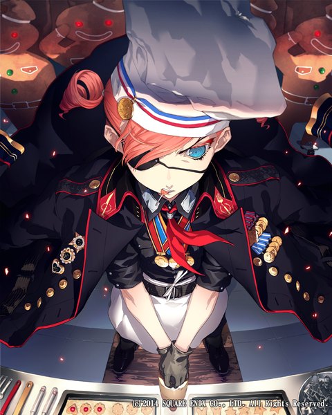 Anime picture 800x1000 with original masa (masa) tall image fringe short hair open mouth blue eyes red eyes standing twintails from above orange hair drill hair salute army girl gloves black gloves food sweets