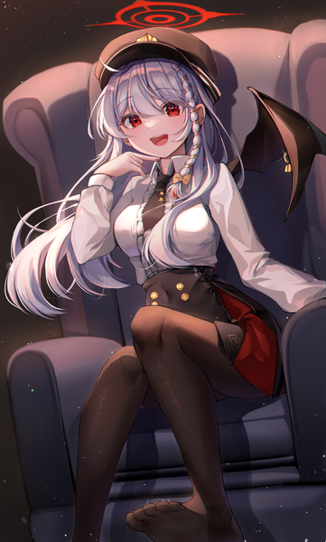 Anime picture 4162x6920 with blue archive haruna (blue archive) hyeya single long hair tall image looking at viewer fringe highres open mouth simple background smile hair between eyes red eyes sitting absurdres silver hair braid (braids) long sleeves :d