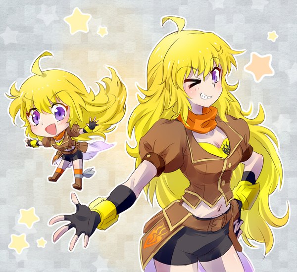 Anime picture 1853x1700 with rwby rooster teeth yang xiao long iesupa long hair looking at viewer highres breasts open mouth simple background blonde hair smile purple eyes multiple girls cleavage ahoge :d one eye closed hand on hip grin