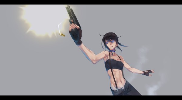 Anime picture 2000x1100 with canaan type-moon alphard hamada youho single highres short hair blue eyes simple background brown hair wide image bare shoulders holding grey background armpit (armpits) glowing letterboxed smoke glowing eye (eyes) open pants
