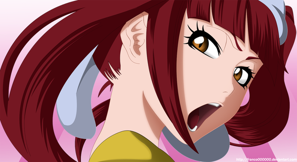 Anime picture 1200x654 with bleach studio pierrot dokugamine riruka franco000000 single long hair fringe open mouth wide image yellow eyes red hair looking back coloring face girl