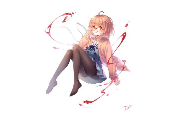 Anime picture 3200x2046 with kyoukai no kanata kyoto animation kuriyama mirai tidsean single looking at viewer highres short hair open mouth simple background brown hair white background signed yellow eyes absurdres ahoge no shoes legs third-party edit extended