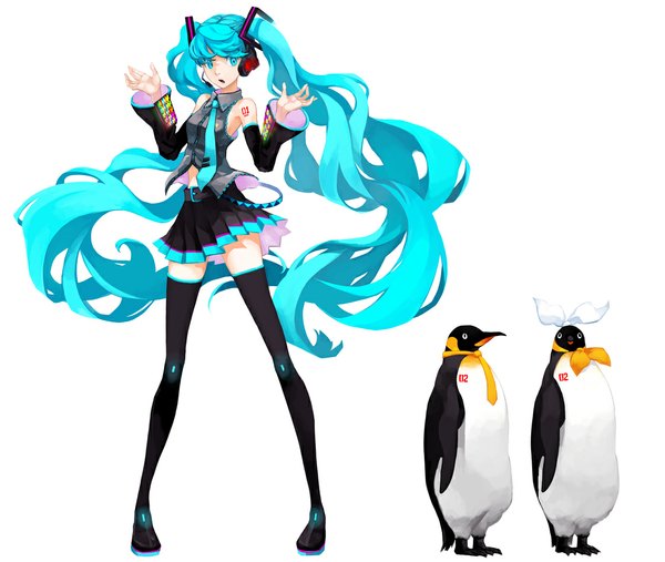 Anime picture 1122x949 with vocaloid hatsune miku kagamine rin kagamine len long hair open mouth simple background white background aqua eyes aqua hair girl skirt bow detached sleeves animal necktie thigh boots penguin