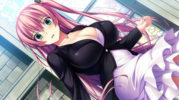 Anime picture 1920x1080 with umisora no fragments haruka kouzuki amakura single long hair looking at viewer blush fringe highres breasts light erotic hair between eyes wide image large breasts standing pink hair game cg cleavage long sleeves parted lips