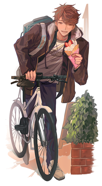 Anime picture 546x989 with haikyuu!! production i.g ooikawa tooru dal (edalnem) single tall image looking at viewer short hair open mouth brown hair brown eyes full body outdoors open jacket leaning leaning forward casual boy food jacket