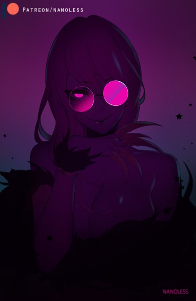 Anime picture 550x842 with league of legends k/da (league of legends) evelynn (league of legends) k/da evelynn nanoless single long hair tall image looking at viewer fringe breasts light erotic smile large breasts signed cleavage upper body pink eyes fur trim gradient background