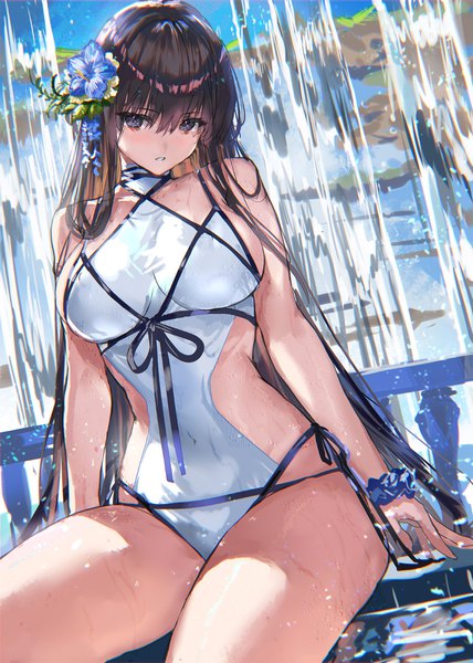 Anime picture 998x1400 with original ranou single long hair tall image looking at viewer blush fringe breasts light erotic hair between eyes large breasts sitting brown eyes parted lips head tilt hair flower black eyes wet covered navel