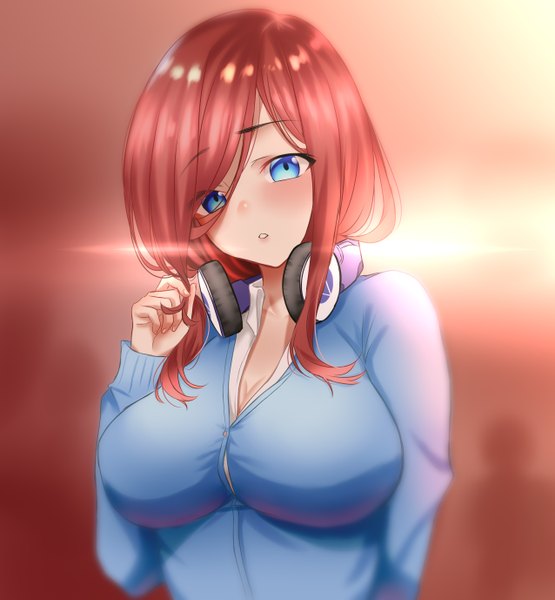 Anime picture 2550x2756 with go-toubun no hanayome nakano miku zasshu single long hair tall image looking at viewer blush fringe highres breasts blue eyes light erotic hair between eyes brown hair large breasts upper body parted lips blurry open collar