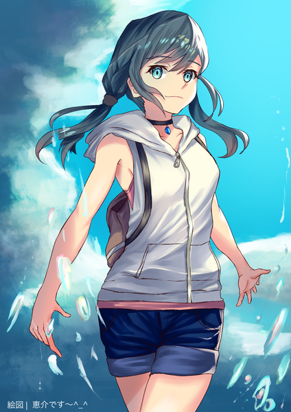 Anime picture 4960x7016 with tenki no ko amano hina (tenki no ko) kusano shinta single long hair tall image looking at viewer fringe highres blue eyes black hair smile hair between eyes standing twintails signed payot absurdres sky cloud (clouds)