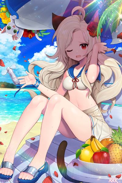 Anime picture 1500x2250 with blade & soul kuang (kzhw7588) single long hair tall image looking at viewer open mouth light erotic blonde hair red eyes sitting animal ears sky cloud (clouds) full body ahoge outdoors tail animal tail one eye closed