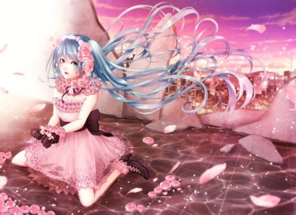 Anime picture 1307x953 with vocaloid hatsune miku honegumi single looking at viewer open mouth blue eyes blue hair very long hair girl dress gloves flower (flowers) petals water frills