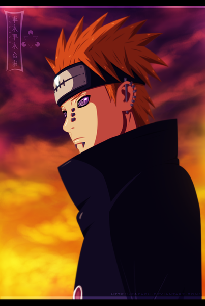 Anime picture 762x1134 with naruto studio pierrot naruto (series) pain (naruto) deva path nyster7 single tall image short hair purple eyes sky cloud (clouds) orange hair piercing coloring akatsuki rinnegan boy cloak bandana