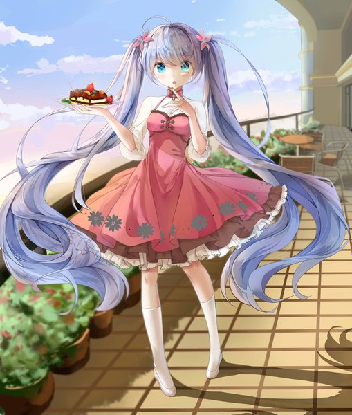Anime picture 2000x2359 with vocaloid hatsune miku yue yue single tall image looking at viewer blush highres blue eyes twintails payot purple hair ahoge outdoors very long hair parted lips hair flower :o shadow outstretched arm