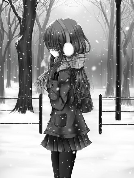 Anime picture 748x994 with original shimo (depthbomb) single long hair tall image blush fringe black hair outdoors eyes closed profile pleated skirt monochrome snowing winter snow bare tree girl skirt gloves