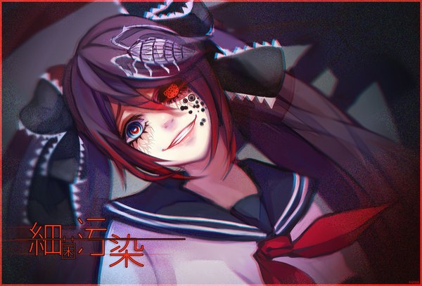 Anime picture 1171x796 with vocaloid bacterial contamination (vocaloid) calcium renshen single long hair looking at viewer fringe smile twintails facial mark crazy smile crazy girl uniform bow hair bow serafuku insect