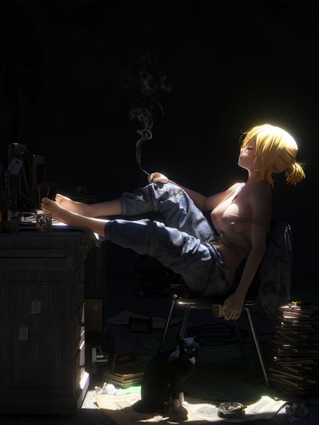 Anime picture 1875x2500 with original maocha single tall image fringe highres short hair breasts open mouth light erotic blonde hair large breasts sitting holding ponytail indoors eyes closed nail polish barefoot fingernails